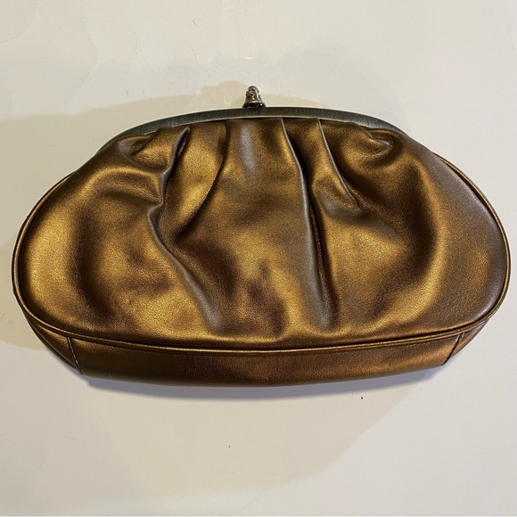 Bronze vegan leather clutch with brass hardware and rhinestones, GUC no strap - Picture 9 of 10